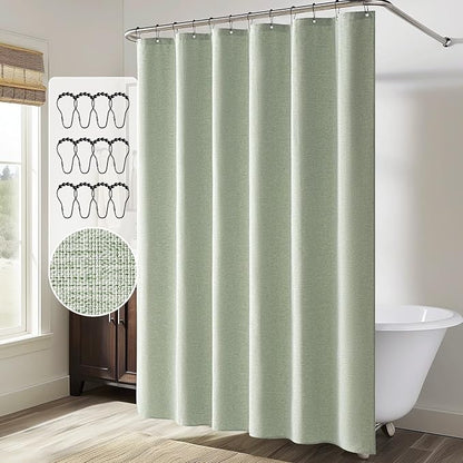MIULEE 72 x 90 Extra Long Linen Shower Curtain Sage Green 12 Metal Hooks | Modern, Heavy Duty, Fabric Shower Curtain Set, Waterproof Thick Cloth Shower Curtains, Bathroom Hotel Bathtub, Washable