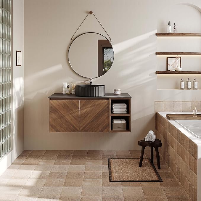 36 Inch Floating Vanity Bathroom with Single Sink, Wall-Mounted Floating Bathroom Cabinet with Sintered Stone Countertop & Black Ceramic Basin, Ample Storage and Open Shelves, Dark Wood