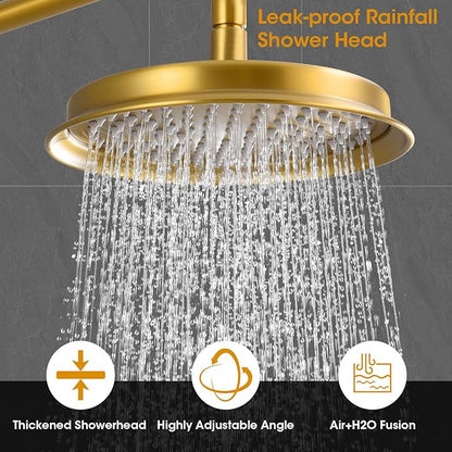 Rainfall Shower Head with Handheld Combo, Brushed Gold Shower System with Balance Pressure Valve, 9 inch Shower Head and Faucet Set, Rain Shower Head with Handheld Spray Wall Mount(B2312-BG)