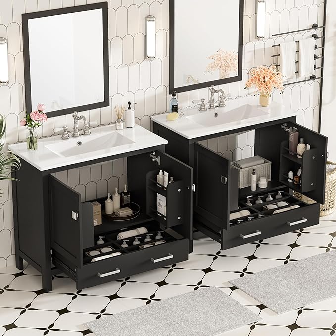 72" Black Bathroom Vanity with Double Sink, 72 Inch Bathroom Vanity Set with Double Vanities (Separate), 2 Bathroom Vanities with Sink, Storage Shelf, and Divided Drawers (Mirror not included)