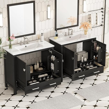 72" Black Bathroom Vanity with Double Sink, 72 Inch Bathroom Vanity Set with Double Vanities (Separate), 2 Bathroom Vanities with Sink, Storage Shelf, and Divided Drawers (Mirror not included)