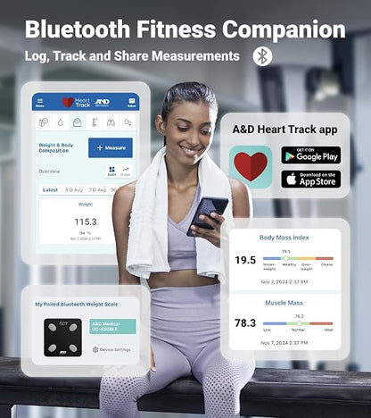 A&D Medical Smart Scale for Body Weight - UC-450BLE - Bluetooth Body Fat Scale with BMI, Body Composition, Digital Bathroom Scale, Tracks 7 Biometrics, Syncs with A&D App - 397lb