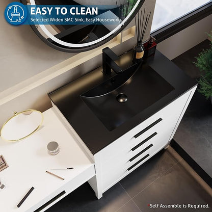 eclife 84" Bathroom Vanity Sink Combo, Modern Painted Vanities Storage Cabinet with 24" Mid Makeup Vanity Desk, 30" Dual Black Basins, Faucets & Drains, White