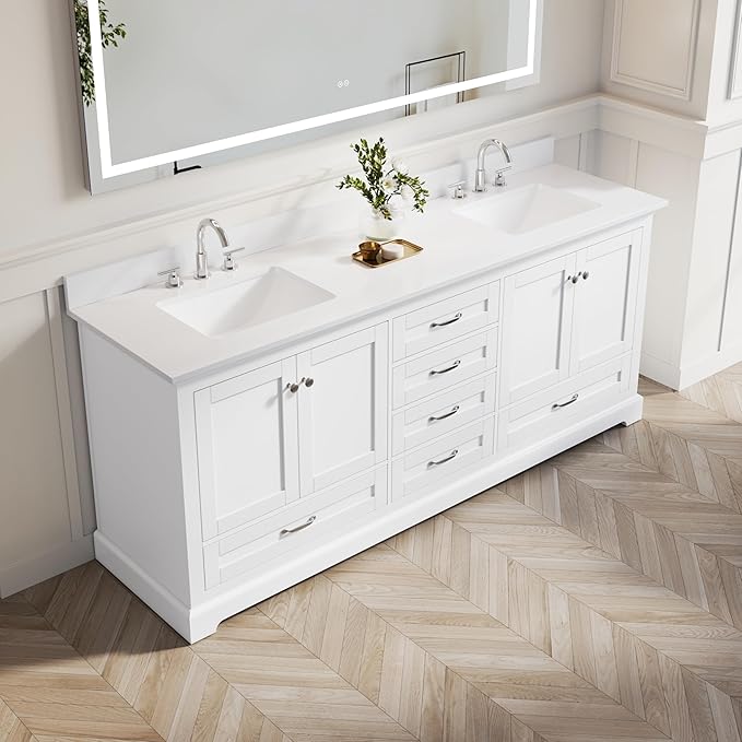 WELLFOR 80 Inch Bathroom Vanity with Double Sinks, Solid Wood Bathroom Vanity W/4 Soft-Close Doors and 6 Drawers, Cultured Marble Countertop Bathroom Vanities W/Sinks, White