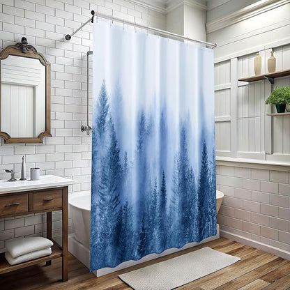 ORTIGIA 84 Inch Long Blue Misty Forest Shower Curtain for Bathroom, Nature Woodland Shower Curtain Set with Hooks, Decorative Pine Tree Fog Magic Bath Curtain, Waterproof Fabric, Weighted, 72x84