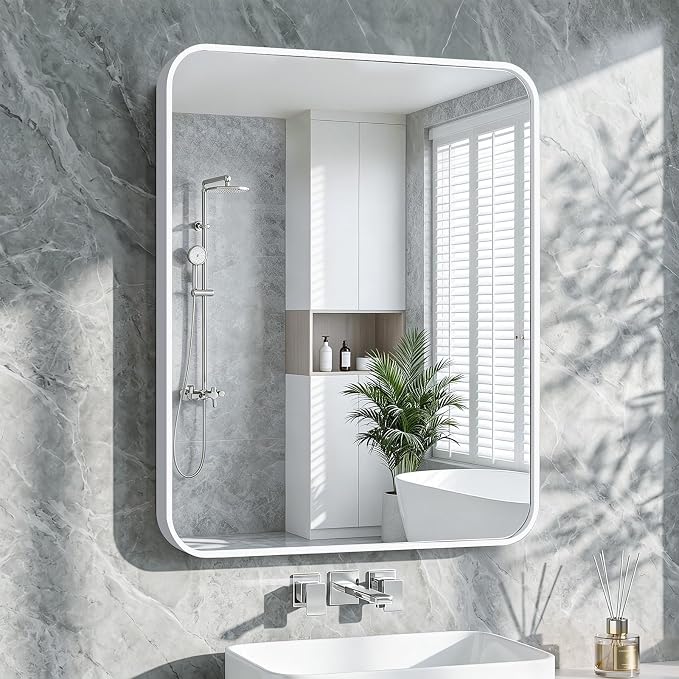 Bathroom Mirror for Wall, 30"x36" Black Bathroom Mirror for Over Sink, Shatterproof Tempered Glass Vanity Mirror with Anti-Rust Aluminum Alloy Frame, Hang Horizontally or Vertically, White