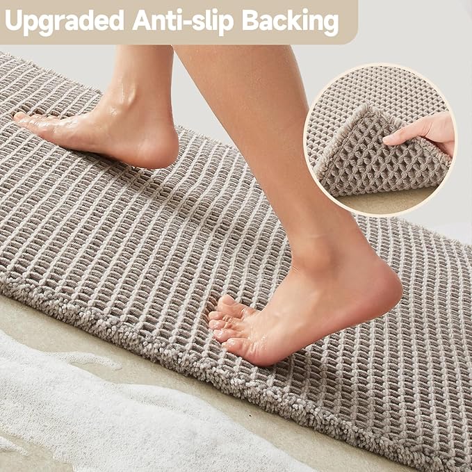 TYUU Waffle Runner Rug Bathroom, Long Boho Bath Mat, 60x24 Light Grey | Super Absorbent Quick Dry Bath Rug, Non-Slip Backing, Soft Waffle Washable Farmhouse Bathroom Mats, Tub, Shower & Home Decor