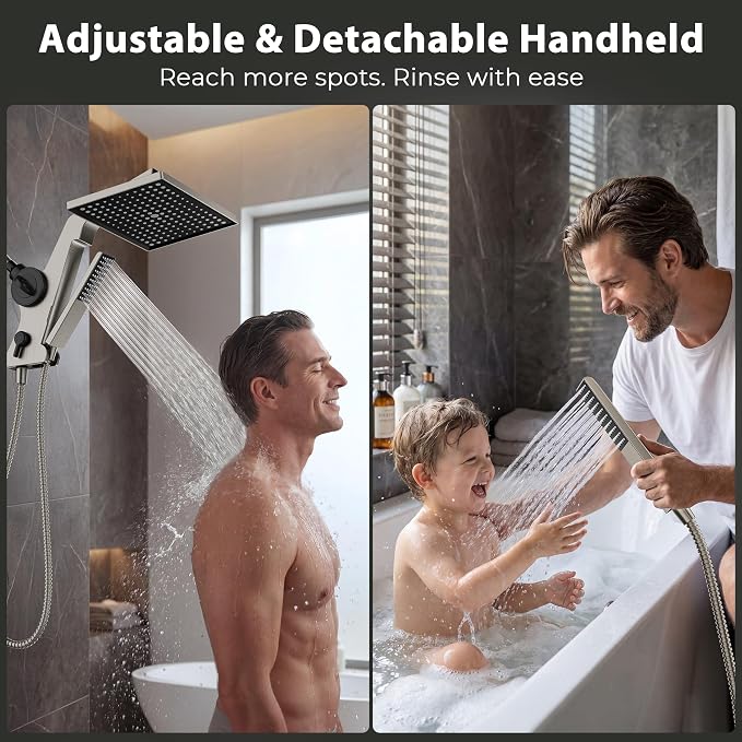 MakeFit Filtered Rain Shower Head with Handheld Combo High Pressure 12'' Rainfall Shower Heads & Hidden Detachable Wand Dual Showerhead Water Softener for Hard Water Easy Filter Replacement