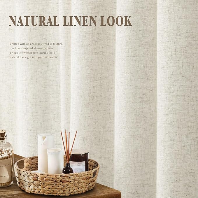Linen Shower Curtain Flax Cream, Fabric Boho Farmhouse Shower Curtains for Bathroom Cream Cotton Natural Cloth Liner Set 72" W x 84" L