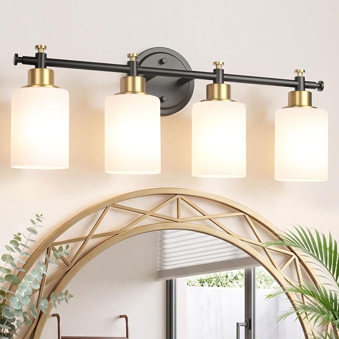 4 Light Bathroom Vanity Light Fixture Over Mirror, Black and Gold, 23'' | Vanity Lights for Bathroom, Bedroom, Living Room, White Frosted Glass Shades, Modern, E26(Bulbs Not Included)