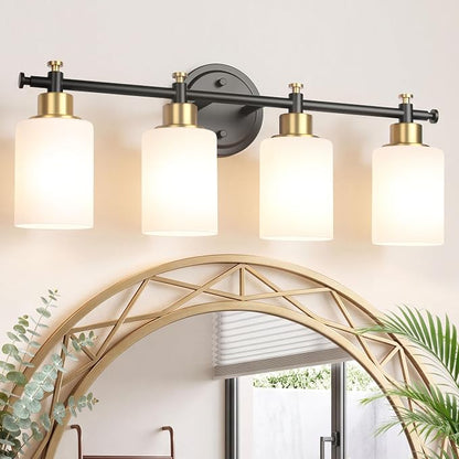 4 Light Bathroom Vanity Light Fixture Over Mirror, Black and Gold, 23'' | Vanity Lights for Bathroom, Bedroom, Living Room, White Frosted Glass Shades, Modern, E26(Bulbs Not Included)