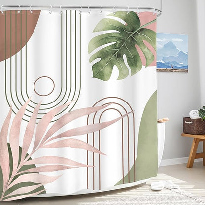Glawry Abstract Tropical Shower Curtain Chic Boho Plant Palm Leaf Watercolor Pink Green Simple Minimalist Bathroom Modern Botanical 60Wx72L Inches Bath Accessories Art Home Decor Fabric with Hooks