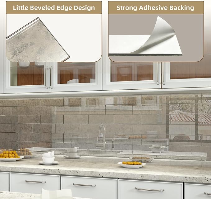 20PCS Peel and Stick Backsplash Tile, 3"x 9" Antique Mirror Glass Tile(Fog) | Self-Adhesive Subway Tile, Backsplash Tile for Kitchen/Bathroom/Living Room