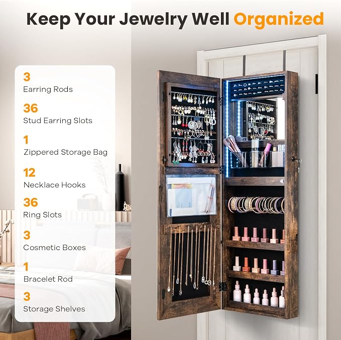 GOFLAME LED Mirror Jewelry Cabinet 42.5”, Wall/Door Mounted Full Length Mirror with Storage, 3-Color Lights, Interior Makeup Mirror, Jewelry Storage Organizer, Lockable Jewelry Armoire, Rustic Brown
