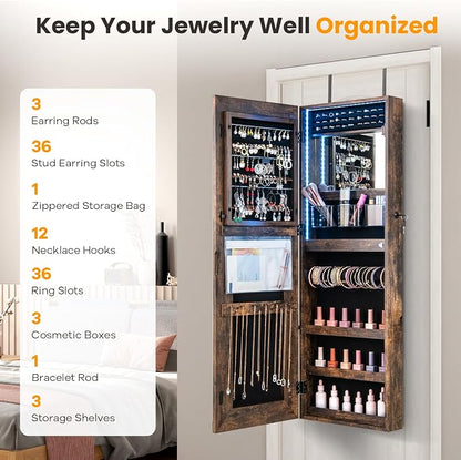 GOFLAME LED Mirror Jewelry Cabinet 42.5”, Wall/Door Mounted Full Length Mirror with Storage, 3-Color Lights, Interior Makeup Mirror, Jewelry Storage Organizer, Lockable Jewelry Armoire, Rustic Brown