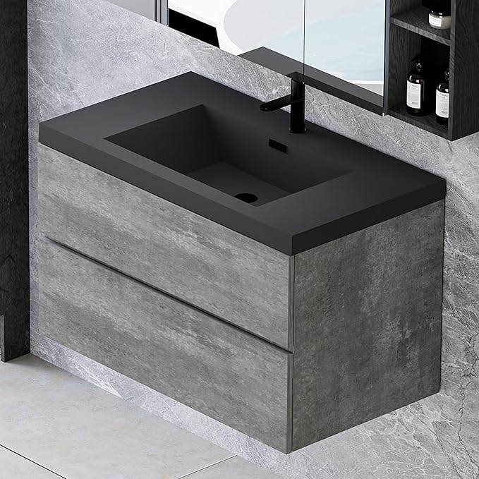 Floating Vanity Bathroom, 36 Inch Bathroom Vanity with Sink, Wall Mounted Single Sink Bathroom Vanity, Soft Closed 2 Drawers, Integrated Sink (Dark Birch)