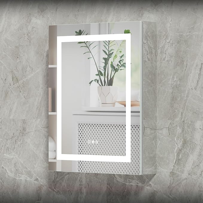 24x30 Bathroom Mirror LED Medicine Cabinet with Lighted 3 Colors, Recessed Surface Wall Mounted LED Medicine Cabinet, Anti-Fog Tempered LED Mirror with Storage, Stepless Dimming, 2 Outlets,