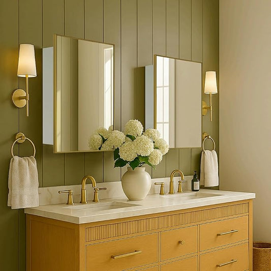 TEHOME 24'' x 30'' Brushed Gold Recessed and Surface Mount Bathroom Medicine Cabinet with Mirror Brushed Gold Square Cornered Metal Framed Rounded Rectangle Medicine Cabinet Mirror