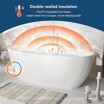 FerdY Tahiti 67" Freestanding Bathtub Elegant Oval Shape, Glossy White Double Walled Insulation bathtub with Center Brushed Gold Drain & Minimalist Linear Design Overflow, cUPC Certified