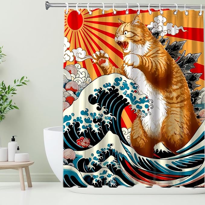 Funny Japanese Cat Shower Curtain, Vintage Orange Cat Japan Anime Ocean Wave Waterproof Shower Curtain with Hooks, Funky Animal Sun Fabric Shower Curtains Kids Bathroom Decor 60X72inches