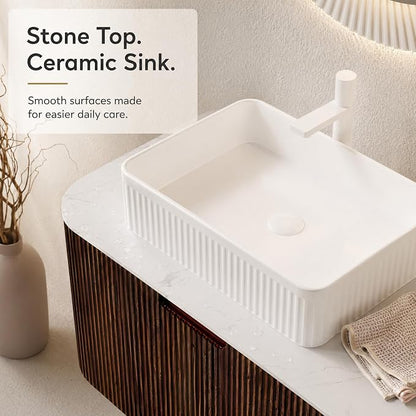 36 Inch Bathroom Vanity with Sink, Floating Wall Mounted Single Sink Vanity, Dark Walnut Curved Fluted Front, Stone Top, White Textured Rectangular Vessel Basin, Pre-Assembled