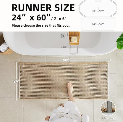 TYUU Waffle Runner Rug Bathroom, Long Boho Bath Mat, 60x24 Khaki & White | Super Absorbent Quick Dry Bath Rug, Non-Slip Backing, Soft Waffle Washable Farmhouse Bathroom Mats, Tub, Shower & Home Decor