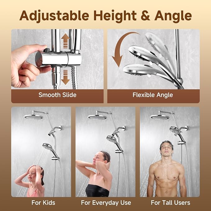 BRIGHT SHOWERS Rain Shower System with Handheld, High Pressure Dual Shower Head Combo, 9-Spray Modes, Adjustable Slide Bar & Extension Arm, 3-Way Diverter, Built-in Power Wash, 69" Hose, Chrome