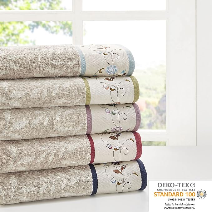 Madison Park Serene 100% Cotton Bath Towel Set Luxurious Floral Decorative Towels for Bathroom Embroidered Cotton Jacquard Design Soft Highly Absorbent for Shower 600 GSM, Multi-Sizes, Blue 6 Piece | Luxurious Floral Decorative Towels for Bathroom, Emb...