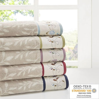 Madison Park Serene 100% Cotton Bath Towel Set Luxurious Floral Decorative Towels for Bathroom Embroidered Cotton Jacquard Design Soft Highly Absorbent for Shower 600 GSM, Multi-Sizes, Blue 6 Piece | Luxurious Floral Decorative Towels for Bathroom, Emb...