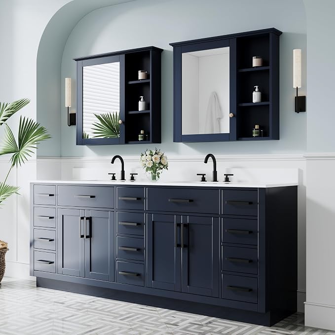 84-Inch Bathroom Vanity with Double Sinks W/ 4 Doors & 12 Drawers & 2 Flip Drawers, Navy Blue Vanity W/Matte Black Handles