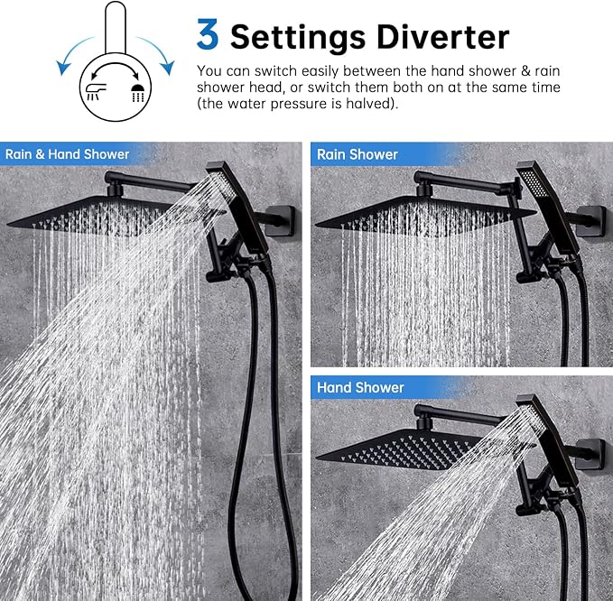 G-Promise All Metal 12 Inches Rainfall Shower Head with Handheld Combo | All Metal, Built to Last, Easy Install, Adjustable Height & Angle for All Heights, Extra Long Hose, Modern Upgrade