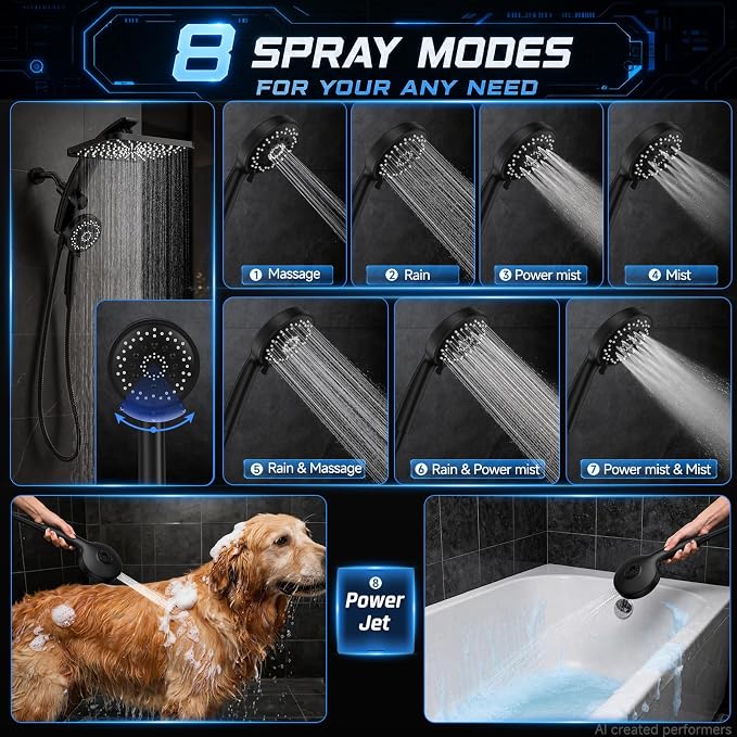 Veken 12" Rain Shower Head with Handheld,High Pressure Power Wash,Magnetic | Dual Shower Heads Combo,8-Mode Hand Held Spray with Hose,Double Detachable Rainfall Showerhead,Best Matte Black Shower System