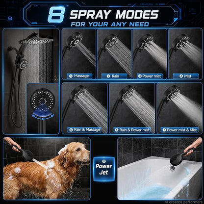 Veken 12" Rain Shower Head with Handheld,High Pressure Power Wash,Magnetic | Dual Shower Heads Combo,8-Mode Hand Held Spray with Hose,Double Detachable Rainfall Showerhead,Best Matte Black Shower System