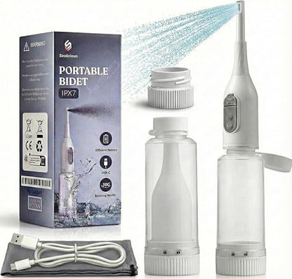 Portable Bidet Sprayer with 360° Nozzle | USB-C Rechargeable Bidet Comes with 205 ml Water Bottle & Dual Modes | Waterproof Handheld Electric Travel Bidet for Women, Men, Babies & Personal Hygiene