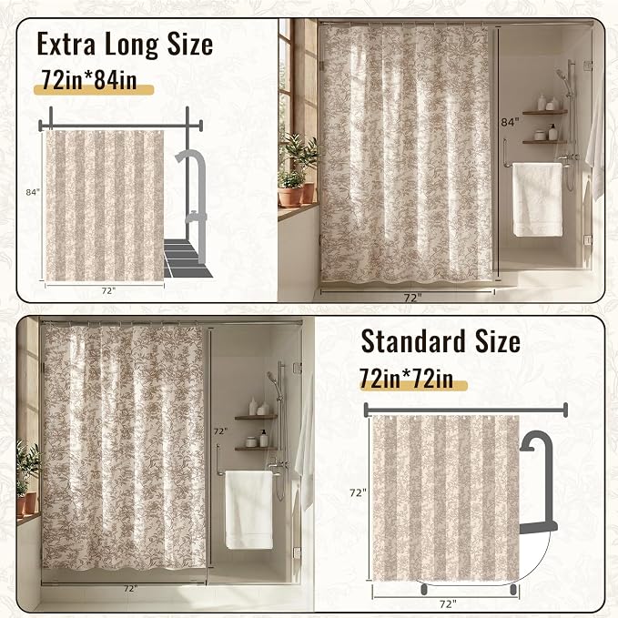 Farmhouse Beige Floral Shower Curtain with 12 Clear Rings 72"W x 84"L | Boho Fabric Faux Linen Shower Curtain Set, Vintage Cottagecore Shower Curtain for Bathroom