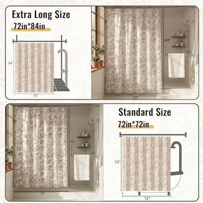 Farmhouse Beige Floral Shower Curtain with 12 Clear Rings 72"W x 84"L | Boho Fabric Faux Linen Shower Curtain Set, Vintage Cottagecore Shower Curtain for Bathroom
