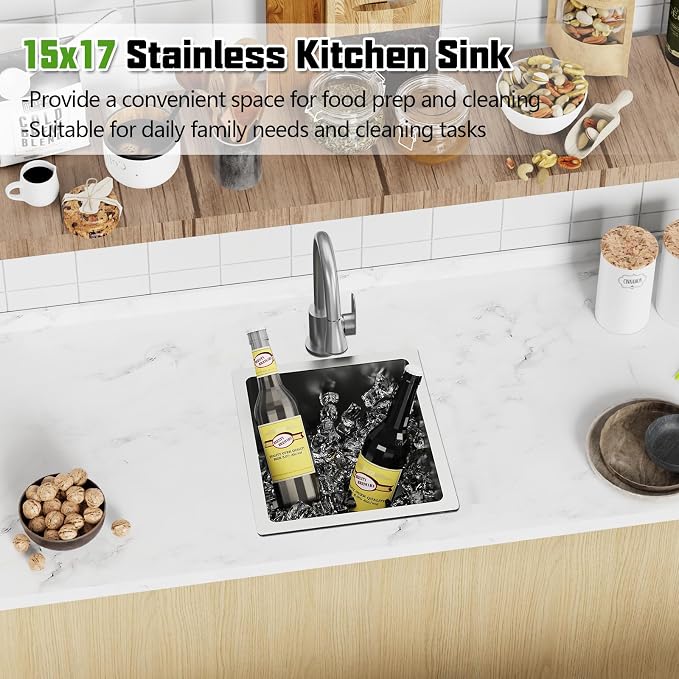 15x17 In Undermount Kitchen And Bar Sink- Stainless Steel Single Bowl Kitchen Sink Modern Drop In Bar Sink With Silicon Mat,Drain Strainer Set Compatibility With Various Kitchen & Bar Style