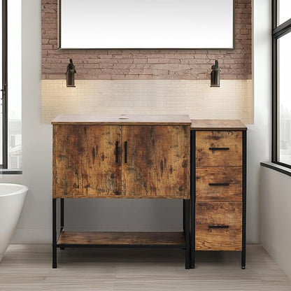 UEV 42" Rustic Brwon Bathroom Vanity with Sink Combo,Industrial Iron Frame Bathroom Cabinet Sets with 3 Drawers Side Cabinet(Without Sink Combo)