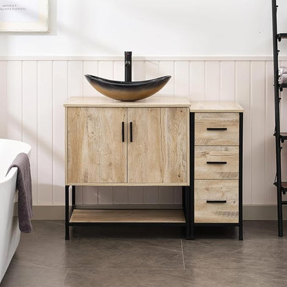 UEV 42" Rustic Oak Bathroom Vanity with Sink Combo,Industrial Iron Frame Bathroom Cabinet Sets with 3 Drawers Side Cabinet,Modern Champagne Boat Tempered Glass Vessel Sink(029CH)
