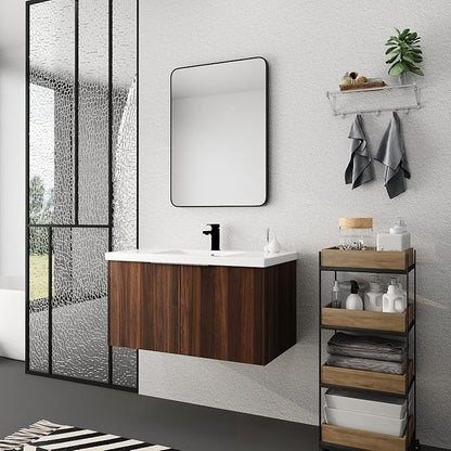 Henf 36inch Floating Bathroom Vanity Cabinet with Sink Combo, Modern Wall Mounted Solid Wood Cabinet with White Gel Basin Sink Bathroom Storage Cabinet with 2 Soft Close Doors