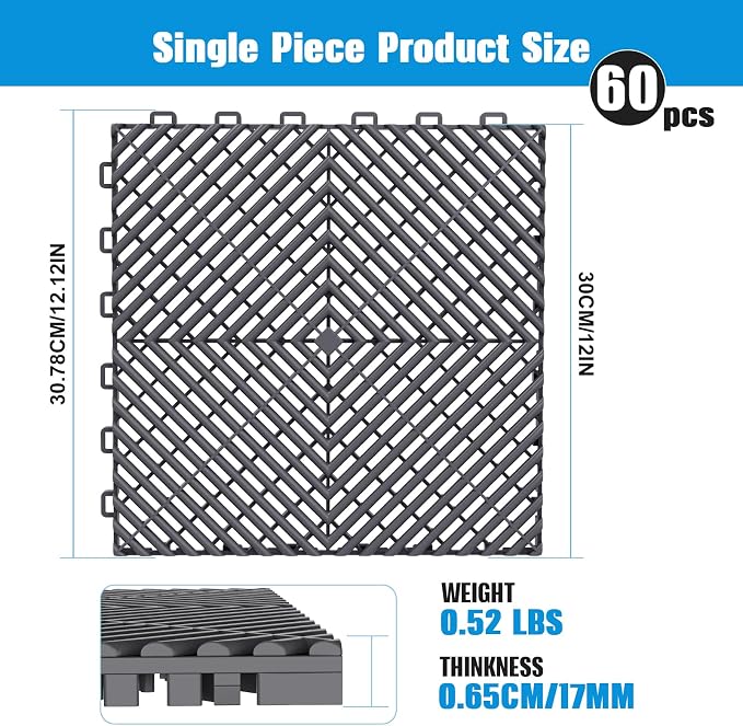Jocoevol 60-Pcs Interlocking Tile, 12" x 12" Indoor/Outdoor Self-Drainage Interlocking Floor Tiles, Non-Slip Heavy-Duty Polypropylene Splicing Flooring Tile for Garage Patio Pool Bathroom, Grey