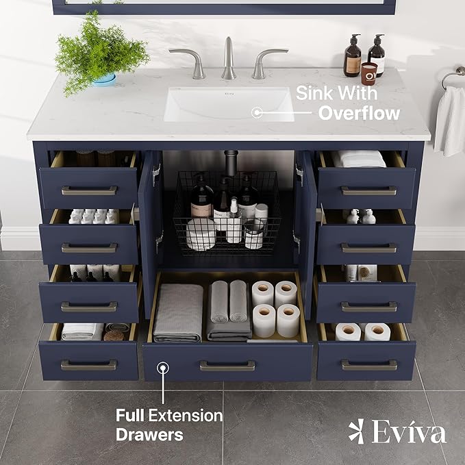 Eviva Aberdeen 48 in. Blue Single Sink Bath Vanity with Carrara Quartz Top and Undermount Porcelain Sink