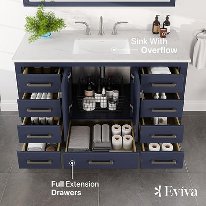 Eviva Aberdeen 48 in. Blue Single Sink Bath Vanity with Carrara Quartz Top and Undermount Porcelain Sink