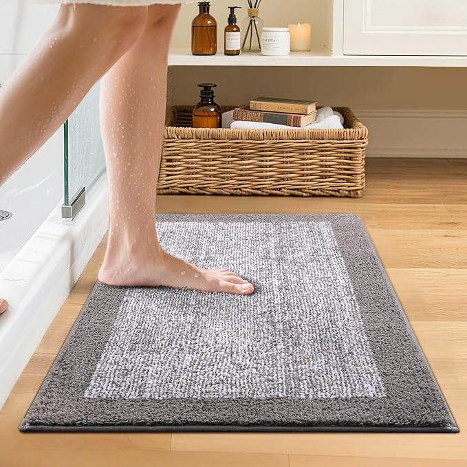 Bathroom Rugs 24x17 Non Slip Washable, Light Grey Bath Mat for Bathroom Floor Tub, Soft Absorbent Quick Dry Mats for Shower, Bathtub,Home Decor