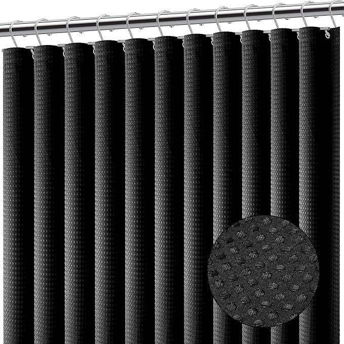Clara Clark Black Shower Curtain - Hotel Quality Waffle Fabric Bath Curtain 72x72, Heavy Duty Waterproof Shower Curtains for Bathroom