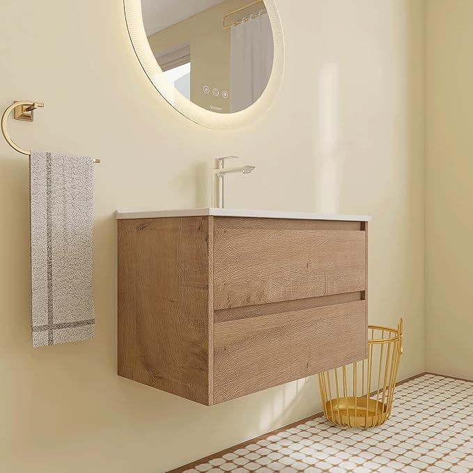 30 inch Floating Bathroom Vanity with Ceramic Sink, 30'' Wall Mounted Cabinet with 2 Soft-Closing Drawers, Space Saving for Small Bathroom, Modern Storage Cabinet, Brown Finish