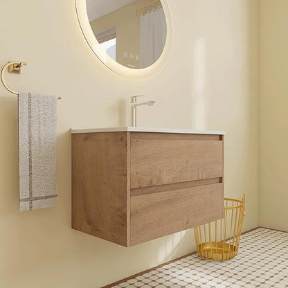30 inch Floating Bathroom Vanity with Ceramic Sink, 30'' Wall Mounted Cabinet with 2 Soft-Closing Drawers, Space Saving for Small Bathroom, Modern Storage Cabinet, Brown Finish