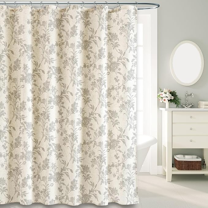 WOUVMA Vintage Farmhouse Shower Curtain for Bathroom Grey Shower Curtain Floral Cotton Linen 72" W x 72" L