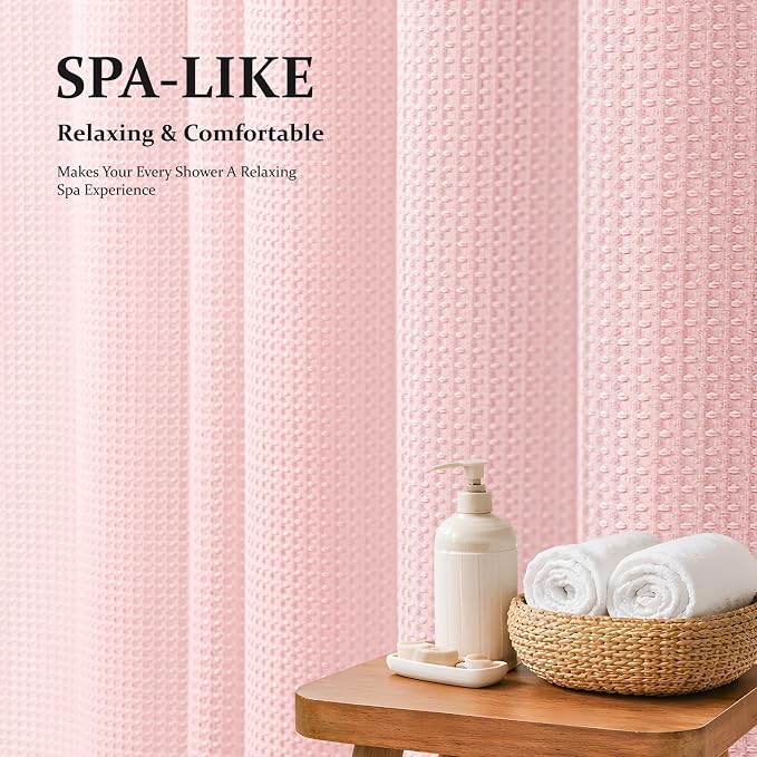Stall Waffle Shower Curtain 256 GSM Heavy Fabric 48x72 Pink | 48 Inch Wide, Thick Cloth, Weighted Hem, Water Repellent, Hotel Luxury Polyester Shower Curtain Set for Bathroom 8 Hooks