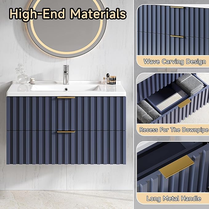 ONBRILL 30 Inch Bathroom Vanity with Sink Combo, Floating Bathroom Vanity with 2 Fluted Drawers & Metal Handle, Modern Wall Mount Storage Cabinet with Ceramic Integrated Sink for Small Space (Blue)